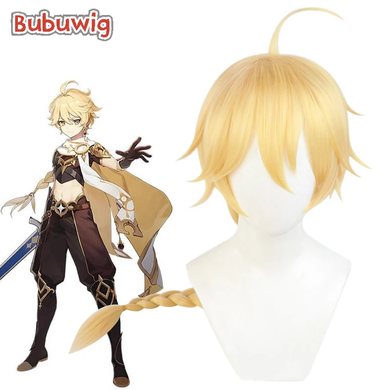 Bubuwig włosy syntetyczne Genshin Impact Traveler Aether peruki do cosplay 65cm długie proste blond Party plecione żaroodporne