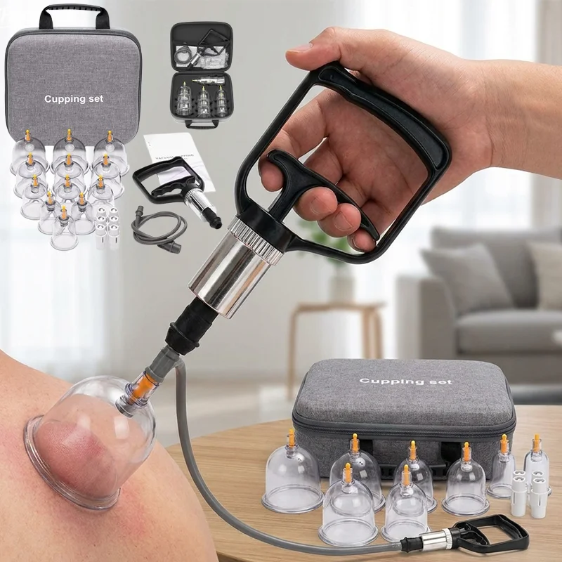 Conjunto de Ventosas a Vácuo de 12 Peças para Uso Doméstico, Ventosas Sem Chama, Cuidados de Saúde da Medicina Tradicional Chinesa, Gua Sha, Remoção de Umidade, Conjunto Completo com Bolsa de Armazenamento