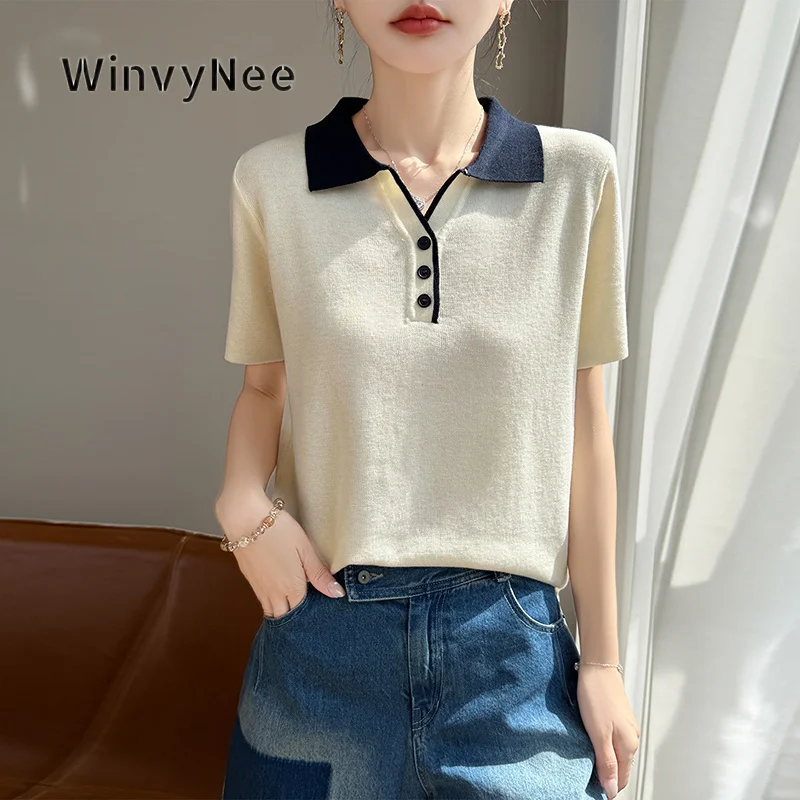 WinvyNee Women's Peter Pan Collar Contrast Short Sleeve Button Pullover Top Summer Airy Soft Versatile Elegant Outfit ZA1237003