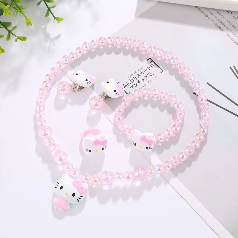 Cartoon Hello Kitty Necklace Hairclips Ring Set Toy Kawaii Sanrio Hellokitty Kids Hairpins Girl Heart Accessories Birthday Gifts