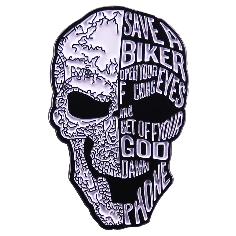Skull Enamel Pin Save A Biker Open Your Eyes Badge Creepy Goth Lapel Pin