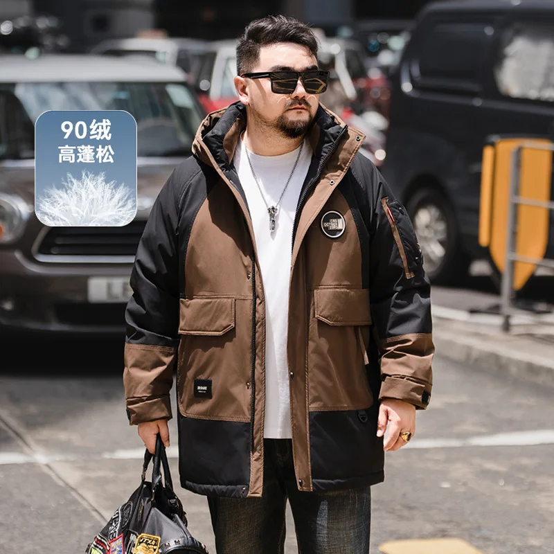 2024 winter new fat plus size men's medium and long hooded down jacket fat tooling down jacket