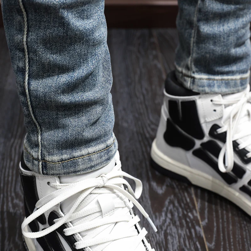 Street Fashion Men Jeans Retro Blue Elastic Stretch Slim Fit Ripped Jeans Men Zipper Patched Designer Hip Hop Denim Pants Hombre