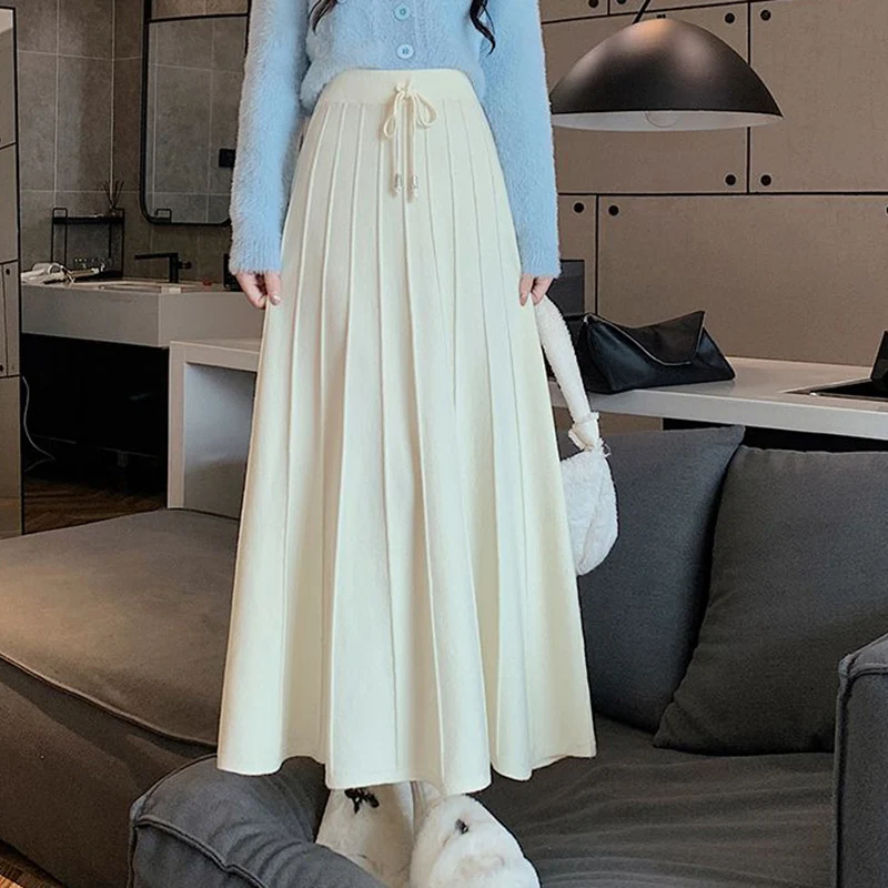 Rimocy Vintage Knitted Long Skirts for Women Winter High Waist Sweater Pleated Skirt Woman Solid Color All Match A Line Skirts