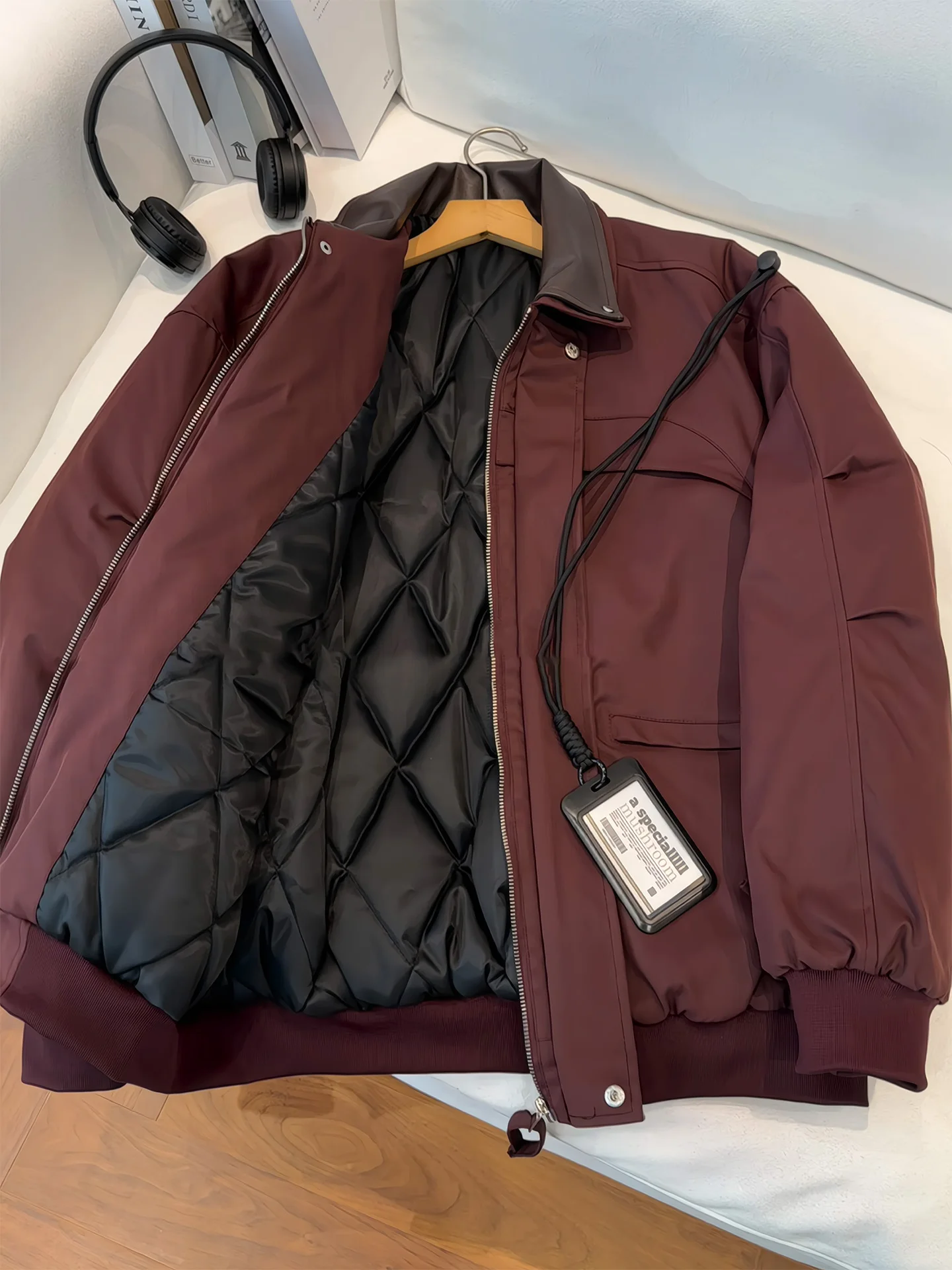 

Red Wine Color Flight Jaet Cotton Clothes Men's Winter Cotton Clothes Thiened Collar American Retro Couple Outwear