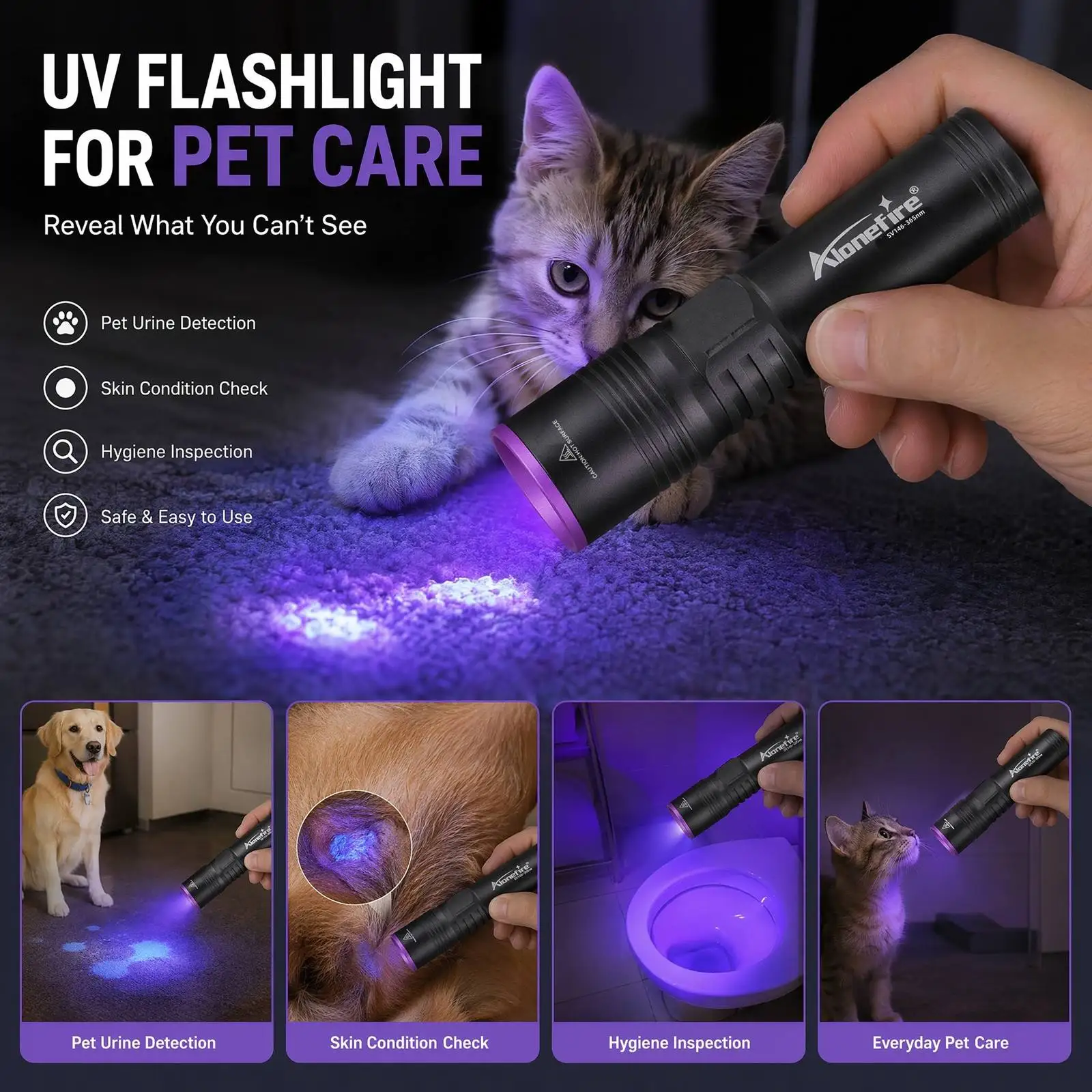 Alonefire SV146 Mini Rechargeable Ultraviolet  UV Flashlight For Zoomable 395nm UV Light for Pet Urine Detector Resin Curing