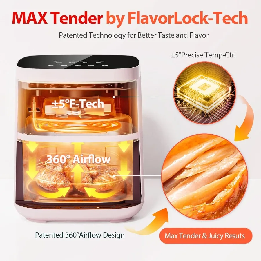 에어프라이어 비엘리셔스 8in1 스마트 컴팩트 4QT 에어프라이어 쉐이크 리마인더 450F 디지털 에어프라이어 플레이버락 기술 강화유리