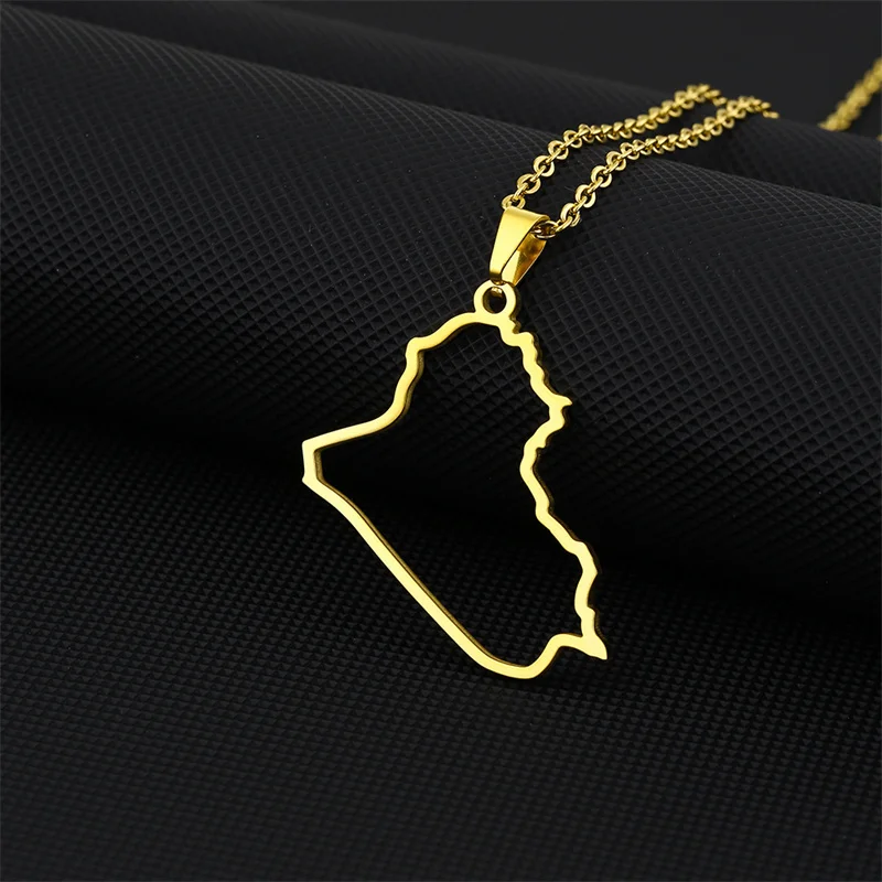 

European and American Stainless Steel Hollow Iraq Map Pendant Necklace