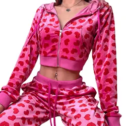 Female Short Coat Heart Print Long Sleeve Tops with Zipper and Pockets or Pants for Spring Fall Red S/M/L