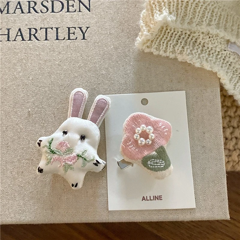 Brooch and Duckbill Hair Clip 2 in 1 for Women Korean Cartoon Fabric Bunny Bear Swan Sweet Cute Daily Versatile Wear