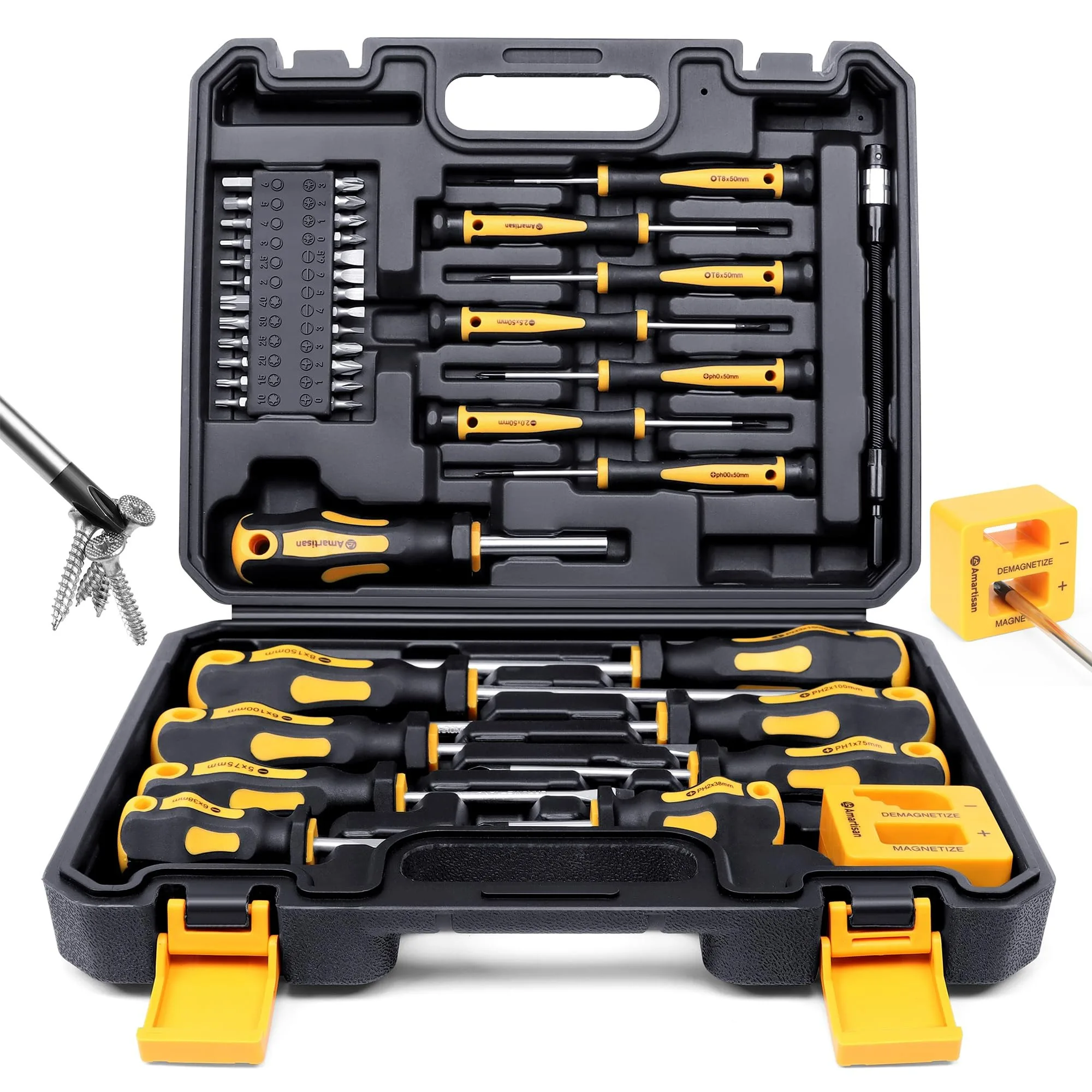Professional 43-Piece Magnetic Screwdriver Kit with Organizer Box Flat Cross Hex Pozidriv Torx Precision Bits