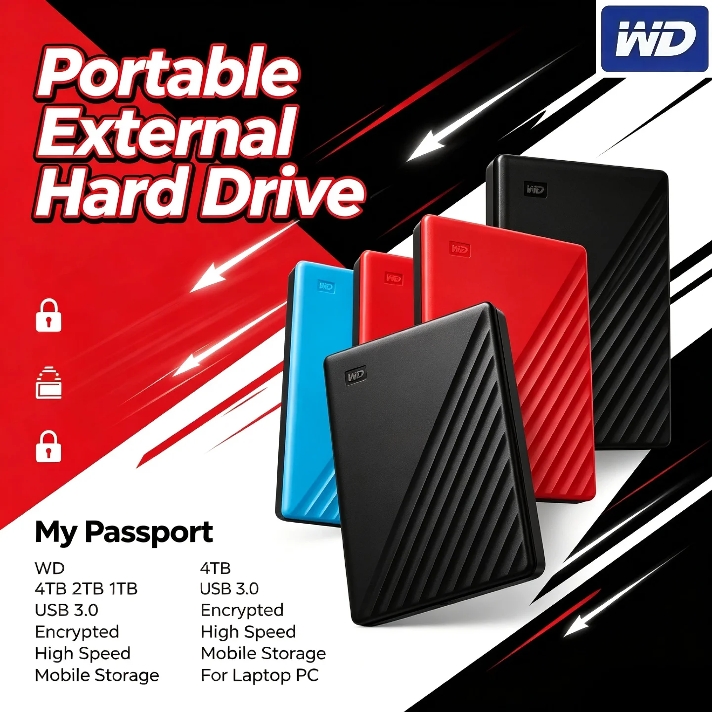 WD My Passport Portable External Hard Drive 1TB 2TB 4TB USB 3.0 Encrypted High Speed Mobile Storage for PC Laptop Unit Pro