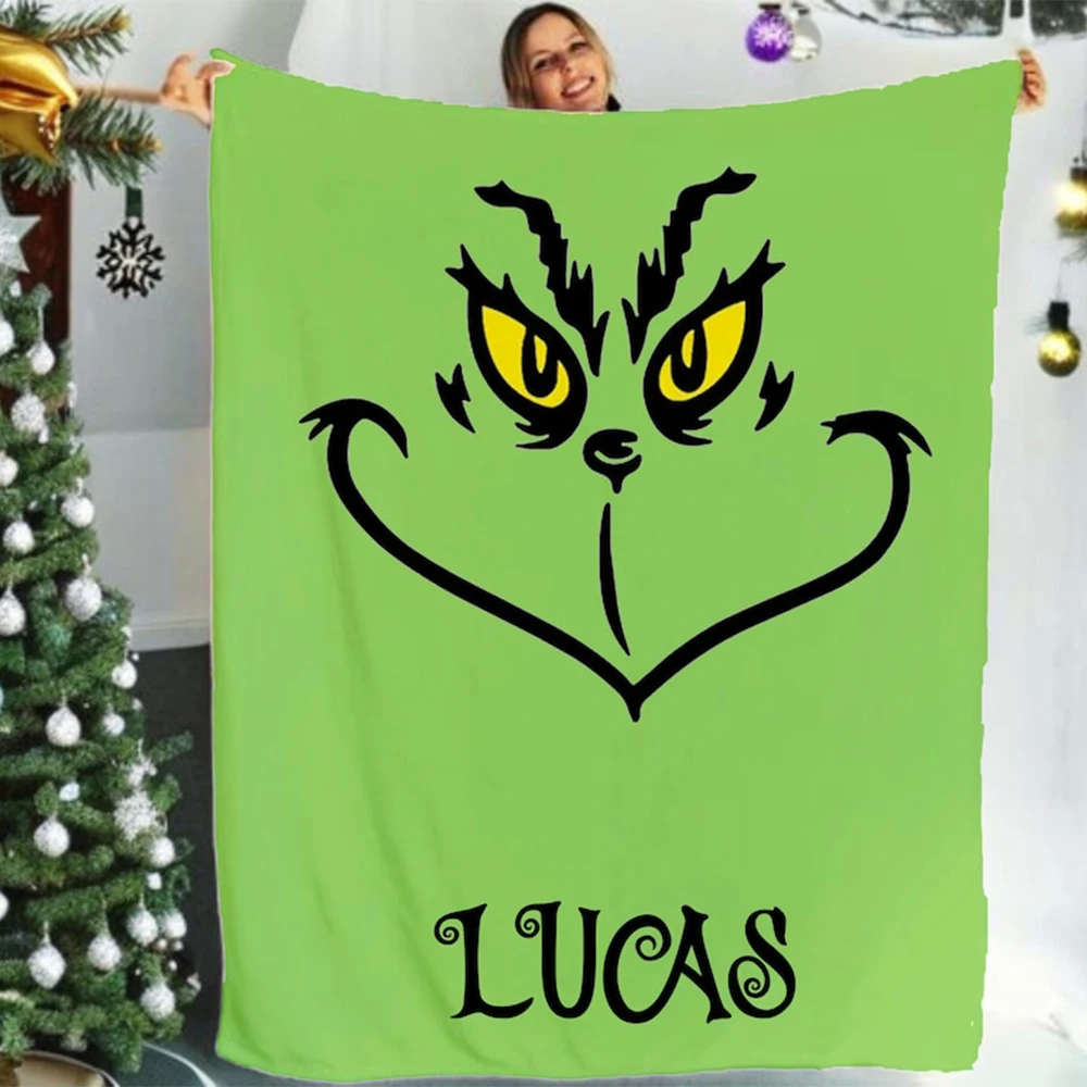 Personalized Customize Name Christmas Throw Blanket, Cartoon Blanket For Boy and Girl,Green Christmas Tree Flannel Blanket
