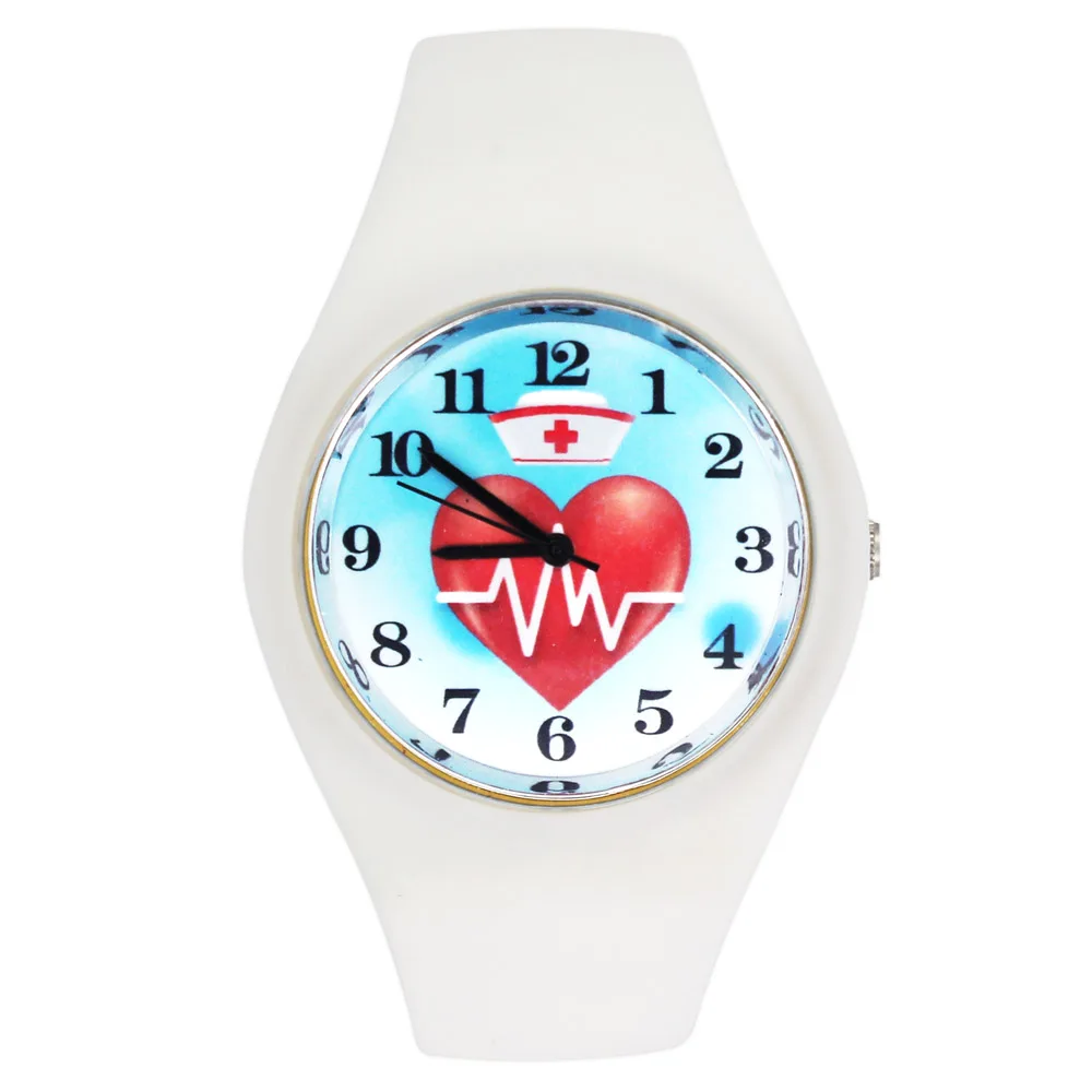 Nurse Cap Doctor Heart Shape Hearts Rate Pattern Love Gift Fashion Women Men Sport Silicone Strap Analog Quartz Wrist Watch