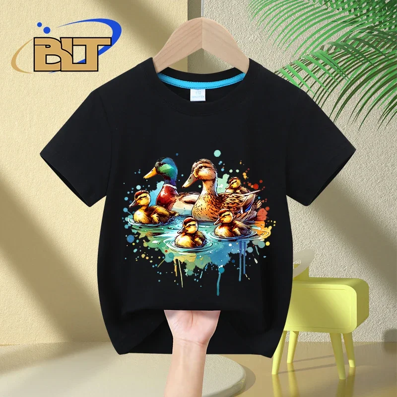 Camiseta infantil de algodão de manga curta, pato aquarela, estampa familiar, tops casuais para meninos e meninas, verão