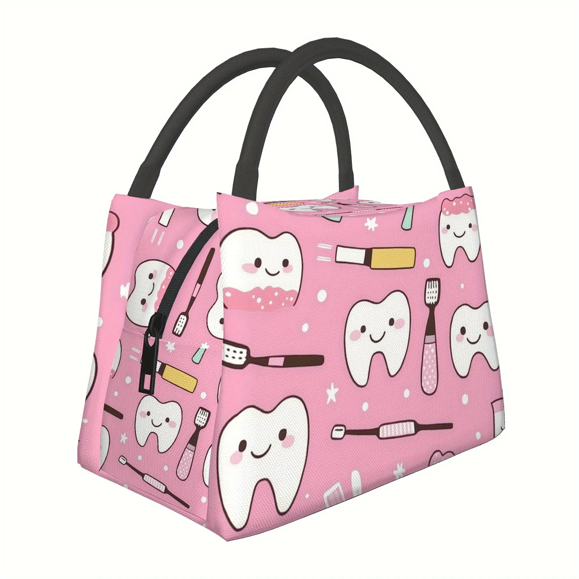 1pc Cute Dental-Themed Insulated Thermal Bag - Pink Background with Smiling Teeth Dental Tools Print, Non-Food Contact