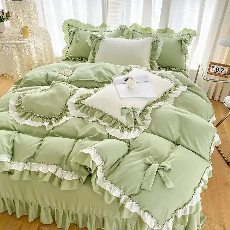 

Korean Princess Fengshui Washed Cotton Four Seasons Double Yarn Lace Four-piece Set Quilt Cover Bed Sheet