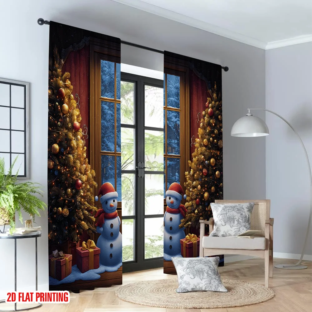 2 قطعة 2D الطباعة المسطحة عيد الميلاد الكلاسيكية الستائر الساخنة عيد الميلاد الثلج هدايا العيد الرقمية المطبوعة البوليستر الستائر احتفالية #4
