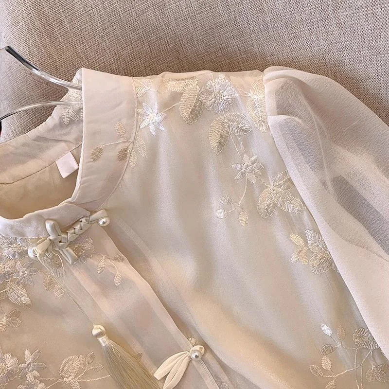 Spring Summer Chinese Style Vintage Embroidery Frog Elegant Fashion Shirt Lady Long Sleeve Stand Collar Tassel White Blouse Top