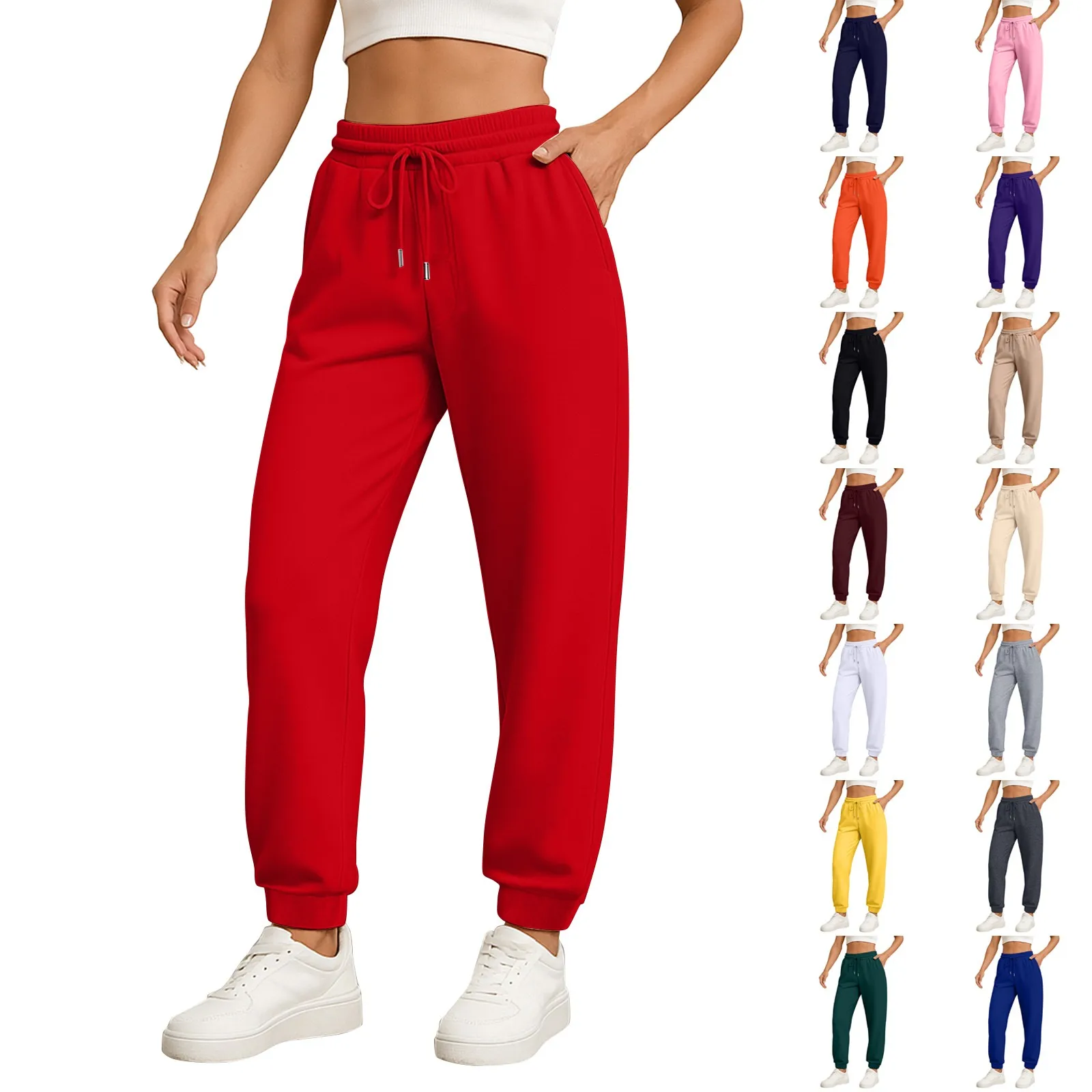 Pantalones de pierna recta para mujer, moda de Color sólido, cintura alta, bolsillos con cordón, cintura elástica, pantalones casuales, pantalones de chándal para mujer