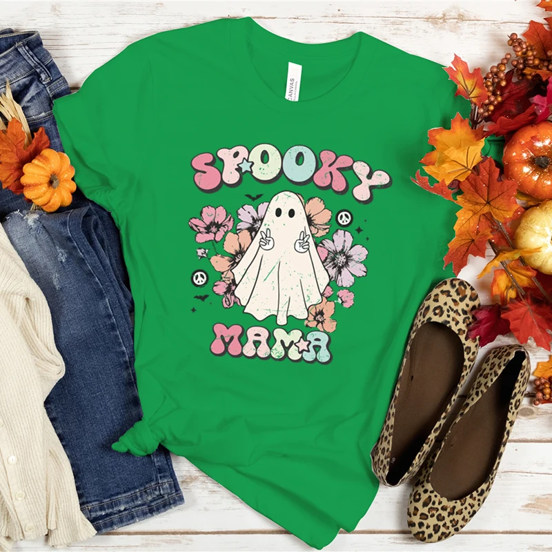 Spooky Mama Print Women T Shirt Funny Graphic Streetwears Halloween Summer Short Sleeve T-shirts Halloween Boo Horror Clothes