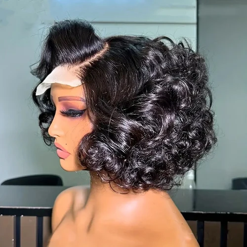 Peluca de cabello humano Bob ondulado 13x4 Hd, pelucas de cabello humano ondulado corto y suelto con encaje frontal, peluca Bob brasileña 4x4 con pelo de bebé para mujer