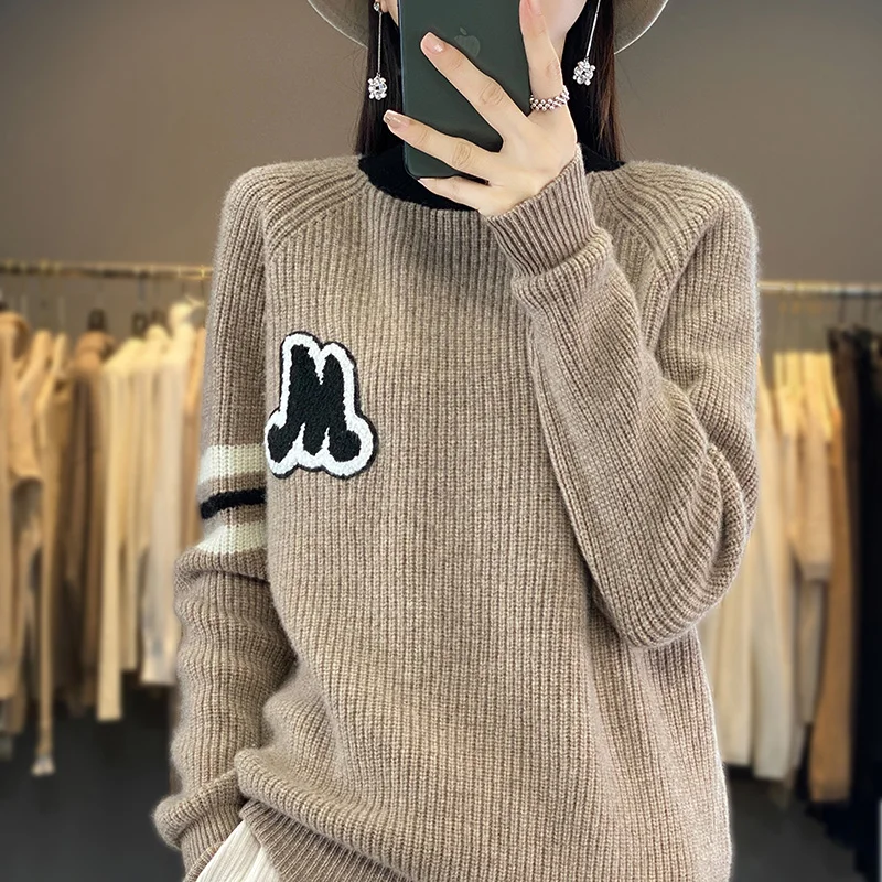 2023 Autumn/Winter New Cashmere Sweater Women's O-Neck Pullover 100% Wool Embroidery Splice Casual Top Fashion Korean Edition