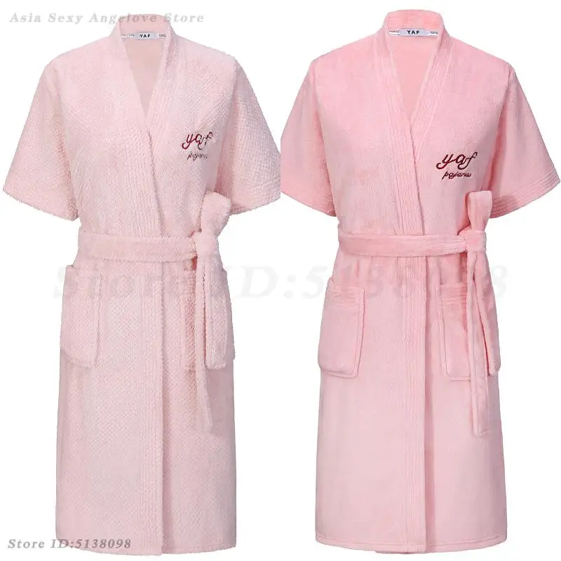 

Female Couple Nightgown Flannel Bathrobe Kimono Gown Male Robe Sleepwear Short Sleeved Coral Fleece Absorbent Lingerie Homewear