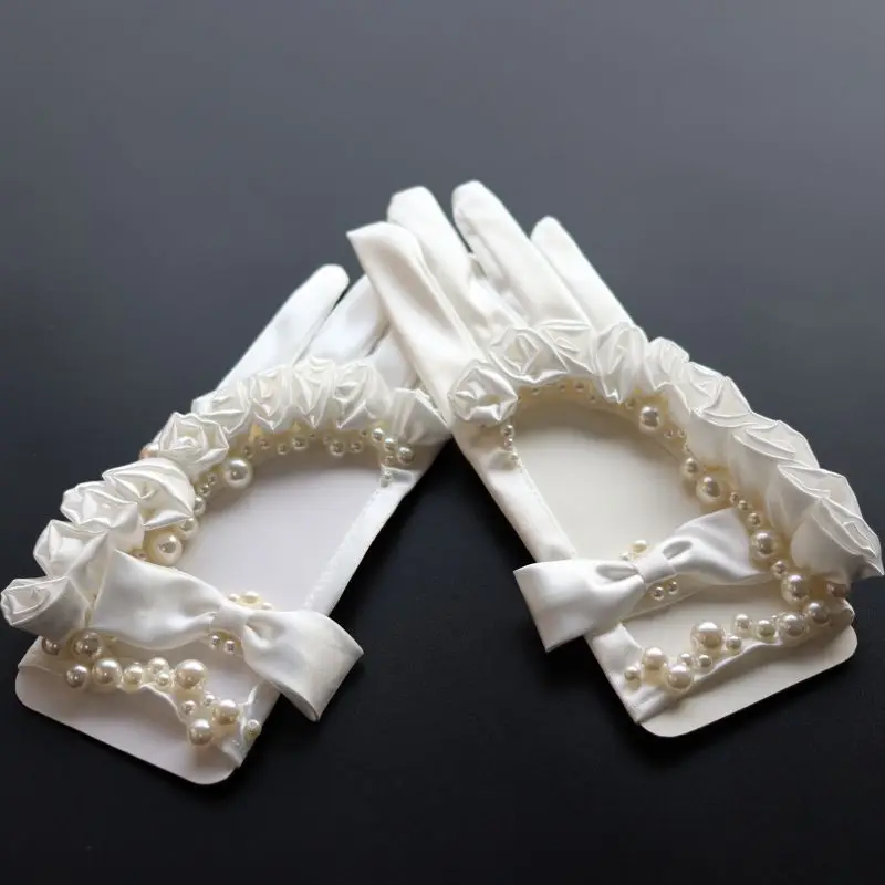 Women's Elegant Flower Pearl Beaded White Satin Gloves Female Sexy Sunscreen Performance Dancing Party Driving Glove R1134