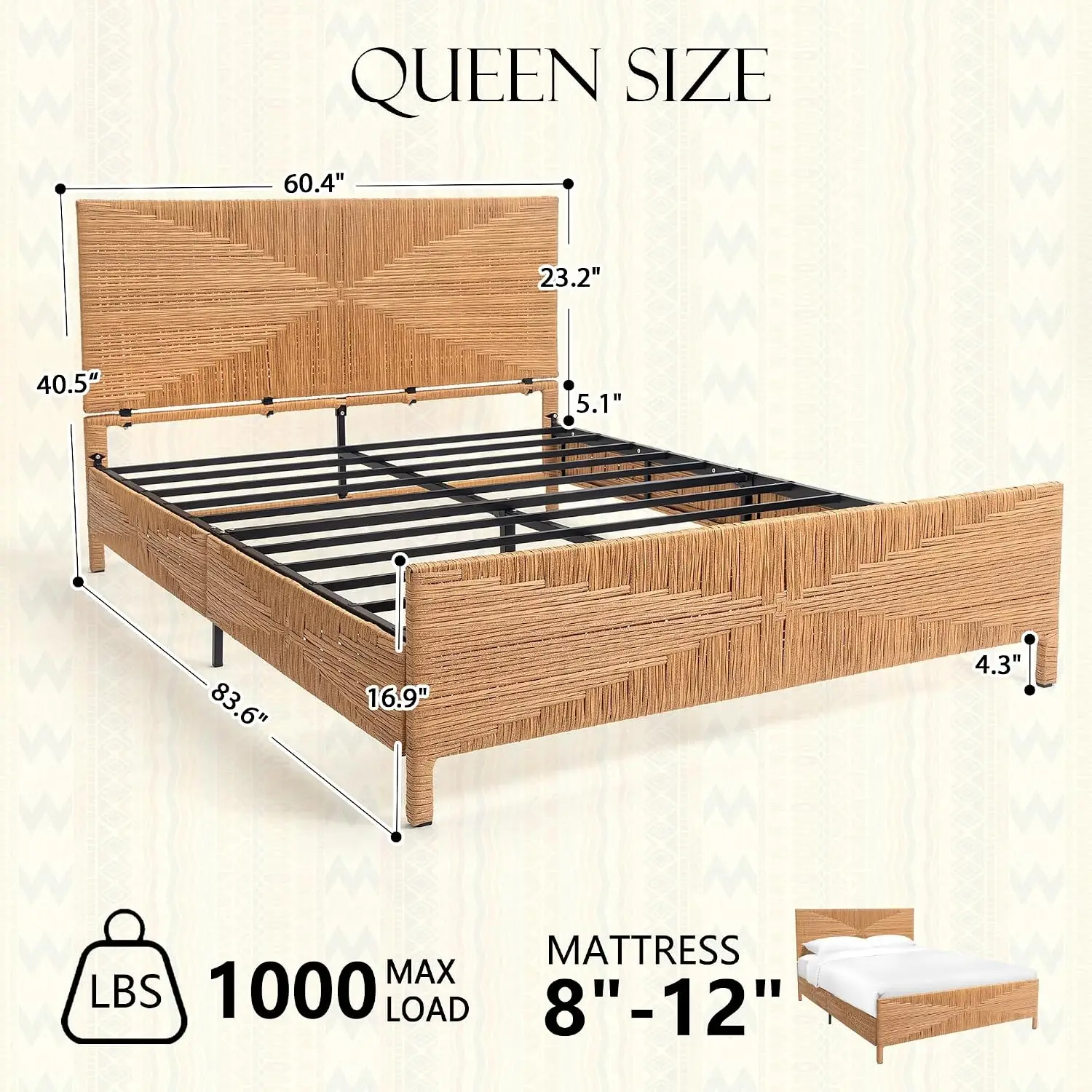 Queen Rattan Style Boho Bed Frame with Headboard and Footboard, Mid Century Modern Hand-Woven Wicker Bedframe with, Customized
