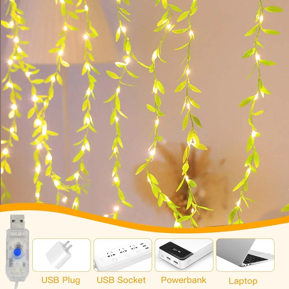 3M 180LED أوراق الصفصاف سلسلة أضواء USB بالطاقة LED الجنية ضوء مقاوم للماء 8 طرق الستار مصباح لحديقة حفلة زينة عيد الميلاد
