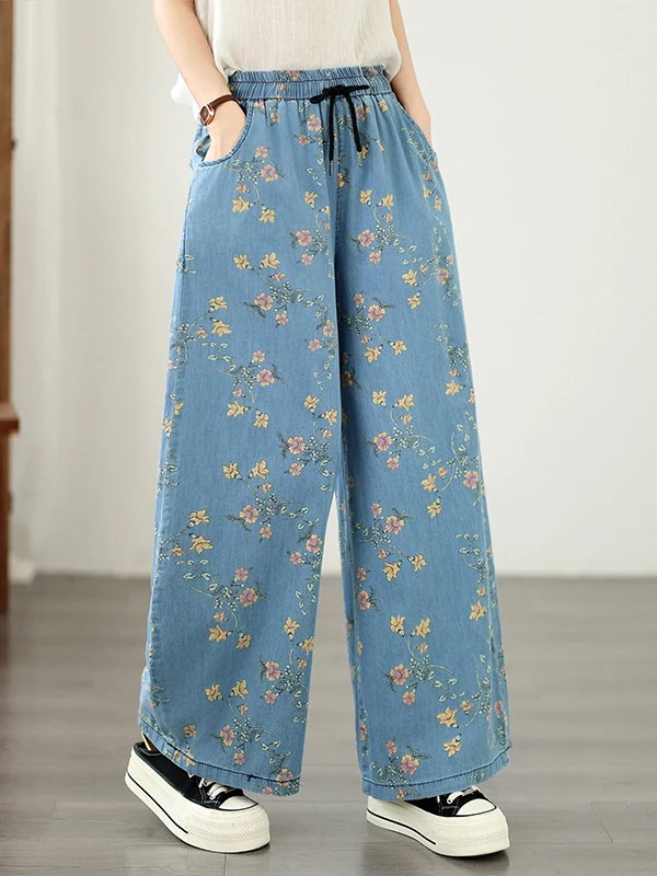 

plus Size Denim Wide Leg Pants Women Summer Print Elastic Loose Slimming Casual Versatile Lyocell Straight Leg Jeans