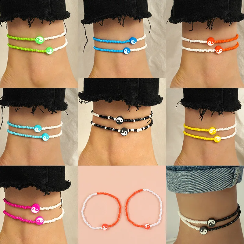 Simple Yang Yin Tai Chi Creative Blessing Rice Beads Anklet For Men Women Girls On Foot Gifts Fashion Jewelry Accessory
