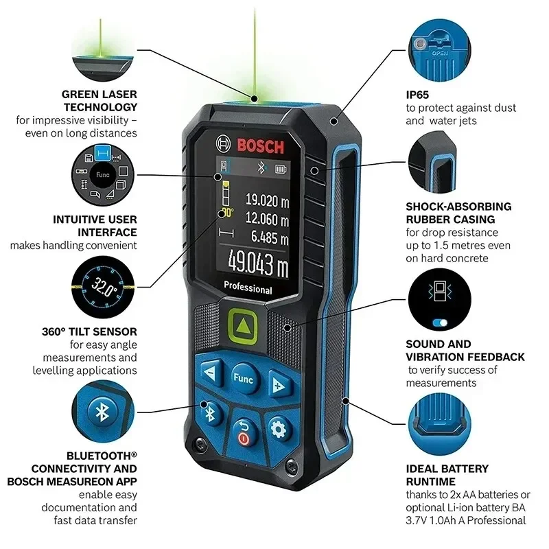

Bosch professional 50M green laser rangefinder conforms to ergonomics and is equipped with Bluetooth GLM50-27CG