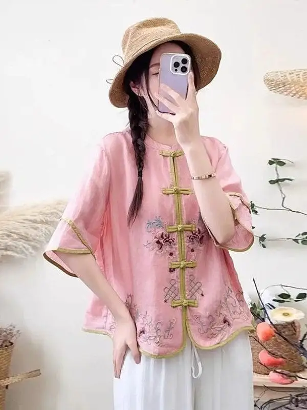 Loose Cotton Linen Shirt Embroidery Frog Buttons Vintage Short Sleeve Traditional Chinese  Blouse Hanfu  Cheongsam Top CN-220
