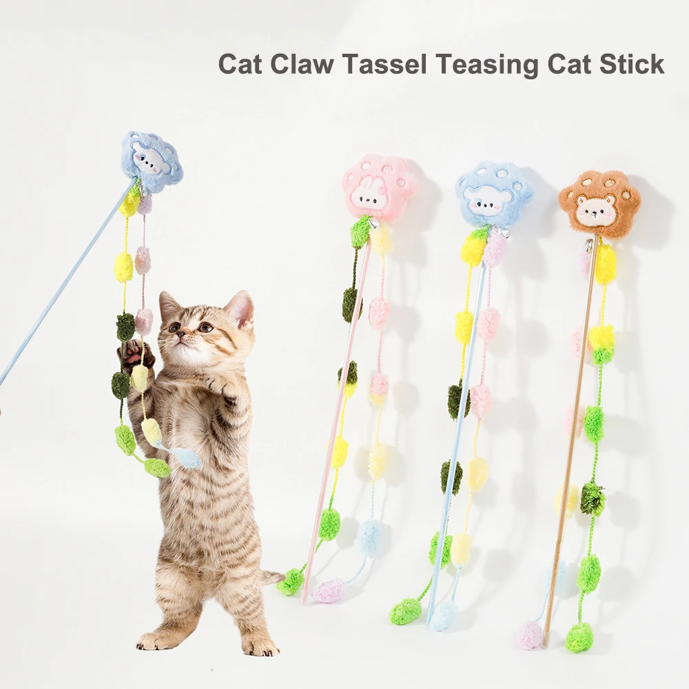 

Cute Cat's Paw Yarn Tassels Cat Teasing Poles Interactive Toys For Relieving Boredom Cat Teasing Sticks Pet Toys