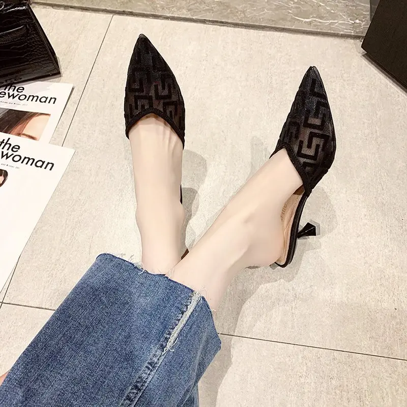 Women Mesh High Heels Temperament Sandals Female Summer Pointed Toe Party Thin Heeled Slippers Ladies Brand Design Slip on Shoes