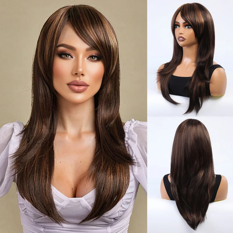Wig with side bangs dyed black-brown, long straight hair, natural and comfortable, machine-made, multi-layered