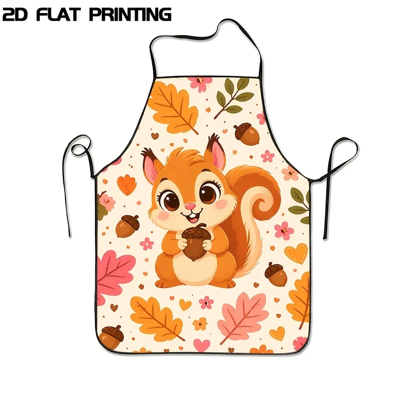 1pc 2D Printed Cute Squirrel And Autumn Leaves Apron With, Suitable For Kitchen Cooking, Baking, Gardening, Daily Housework, Hol
