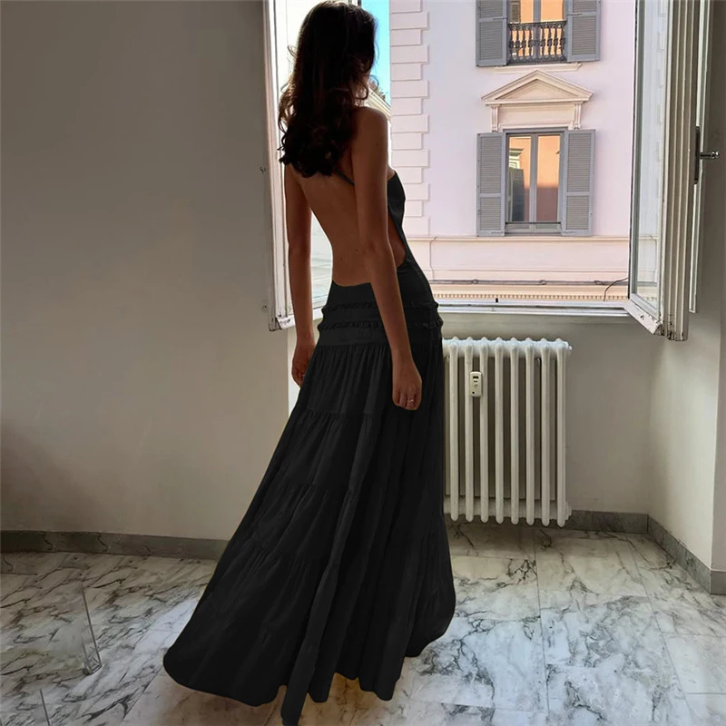 Boho Style Pure Ruffle Pleated Maxi Dress for Women Sexy Halter Backless Hollow Long Dress Summer Casual Loose Sling Party Dress