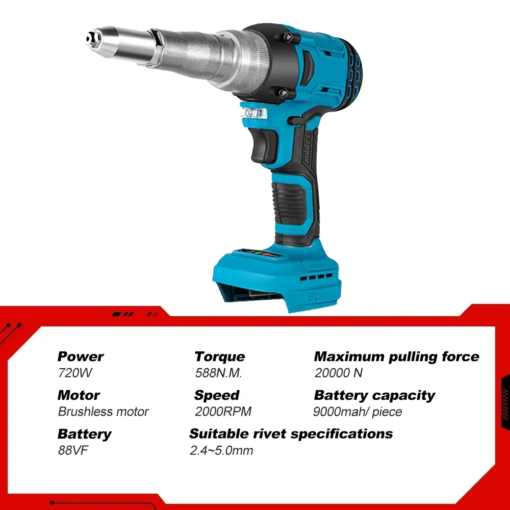 Pistola remachadora eléctrica sin escobillas para Makita, herramienta de remachado sin batería de 18V, 2,4-5,0mm, 20000N