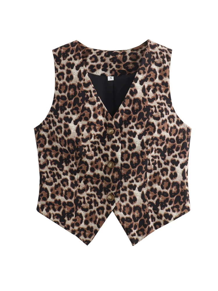 Zevity Women Euro Style V Neck Leopard Print Breasted Short Vest Jacket Ladies Retro Cardigan Slim WaistCoat Tops CT6198