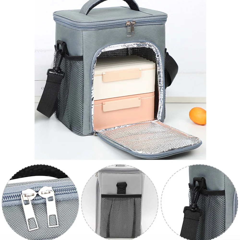 Customized Name Insulated Grey Lunch Box Bag Fashionable Single Shoulder Storage Bag Large Capacity Waterproof Storage Box