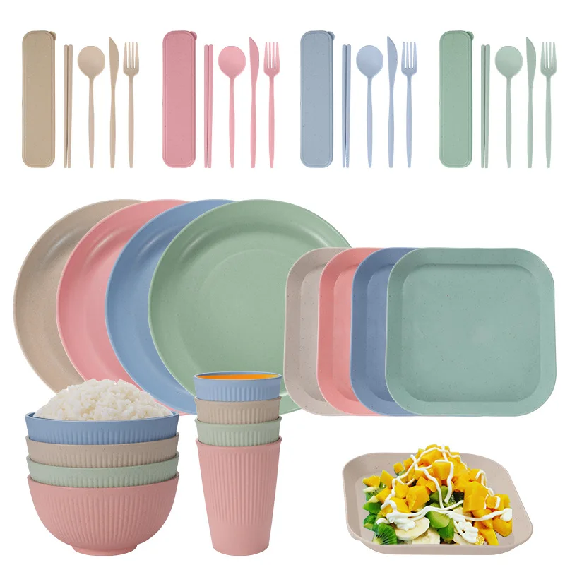 

36Pcs Set Wheat Straw Tableware Bowl Plate Cup Set Knives Fork Spoon Chopstick Dinner Set Plates and Dishes