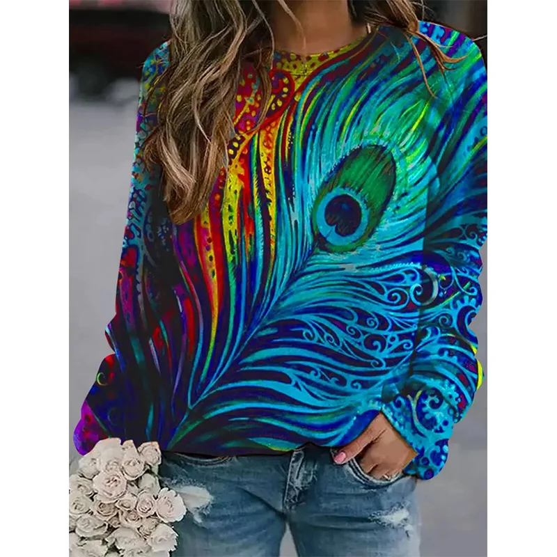 

Autumn New 3D Peacocks Feather Printed Sweatshirts Women Cute Animal Peacocks Graphic Pullovers Winter Harajuku Clothes Pullover