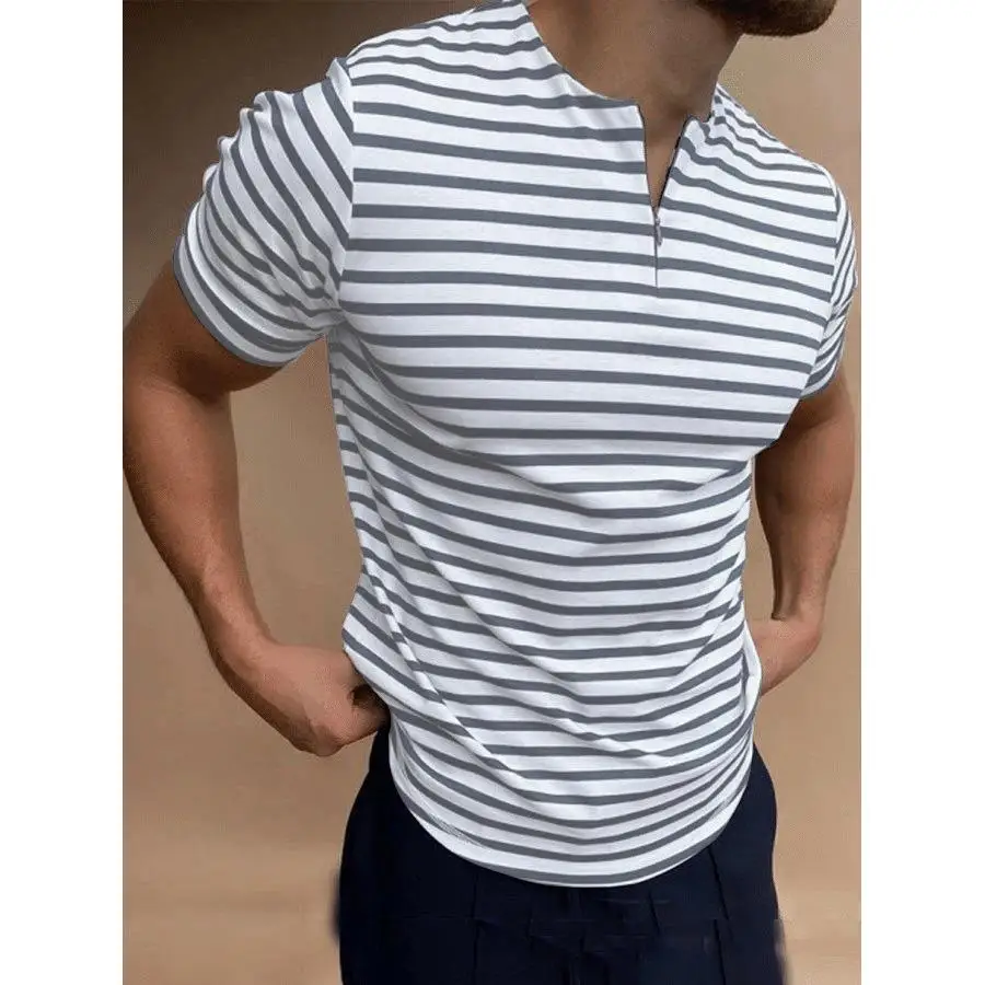 Men's Collarl ort Sve T-irt Slim Fit Polyester Blend Cool Feeling Casual Sle Striped Pattern Spring Summer  S...