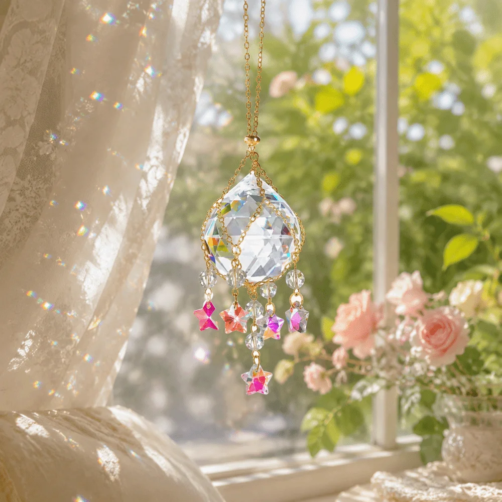 Transparent Crystal Glass Sun Catcher Spherical Detachable Rainbow Light Refraction Stainless Steel Chain Decoration