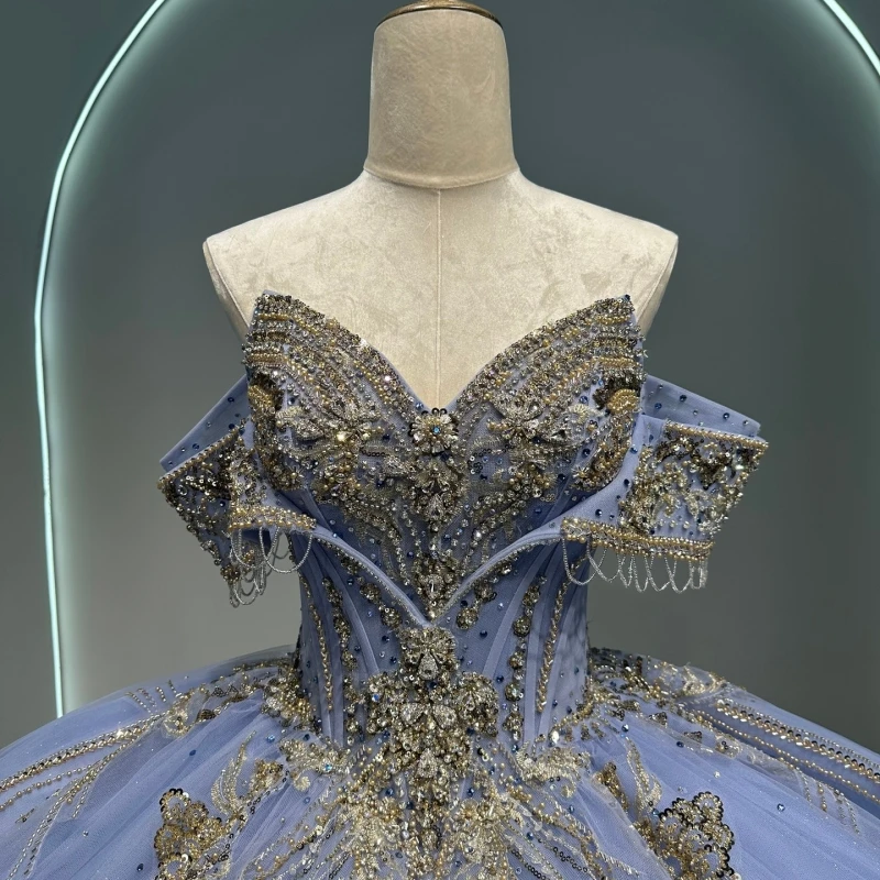 Lavendel Glanzende Quinceanera Jurken Baljurk Uit De Schouder Applique Kant Kralen Kristal Tule Corset Sweet 16-jurk Vestidos