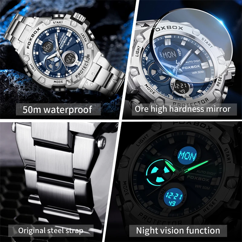 FOXBOX Men Digital Watch LED Sport Military Mens Quartz Wristwatch Male Luminous Waterproof Clock Watches+Gift Box