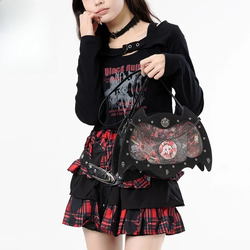 Punk Bat Shape Ita Bag Transparent Window Rivet Decor Shoulder Crossbody Purse for Collecting Anime Pins and Badges